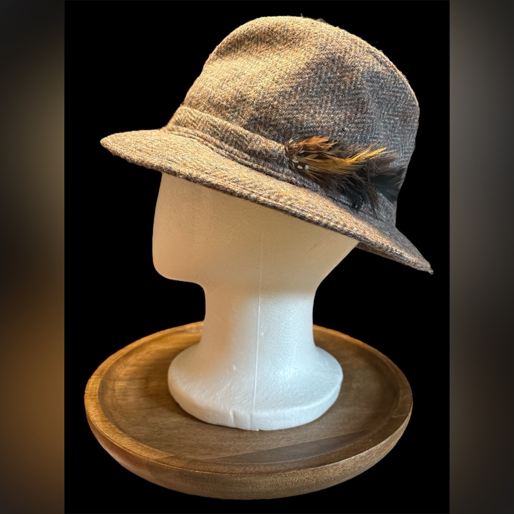 Jonathan Richard VTG Tweed Fedora Hat‎ Ireland Size 7 3/8 EUC Herringbone Wool